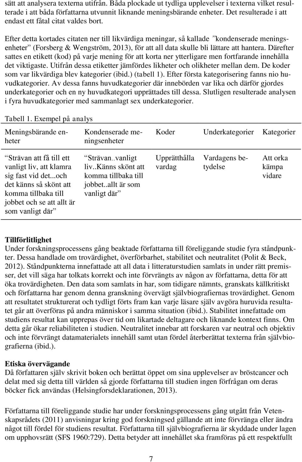 Efter detta kortades citaten ner till likvärdiga meningar, så kallade kondenserade meningsenheter (Forsberg & Wengström, 2013), för att all data skulle bli lättare att hantera.