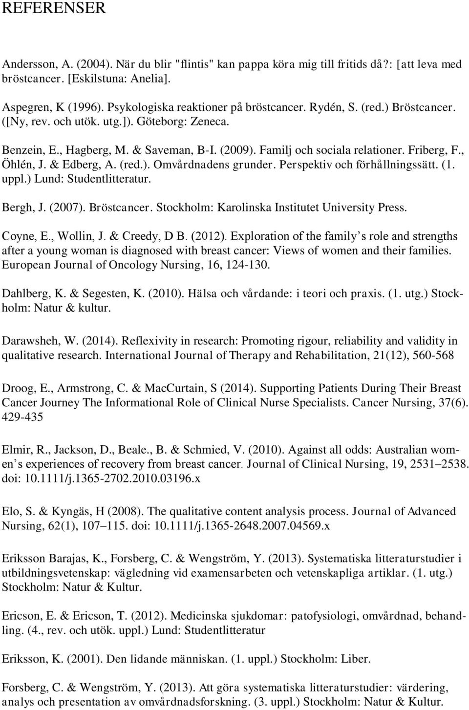 Perspektiv och förhållningssätt. (1. uppl.) Lund: Studentlitteratur. Bergh, J. (2007). Bröstcancer. Stockholm: Karolinska Institutet University Press. Coyne, E., Wollin, J. & Creedy, D B. (2012).