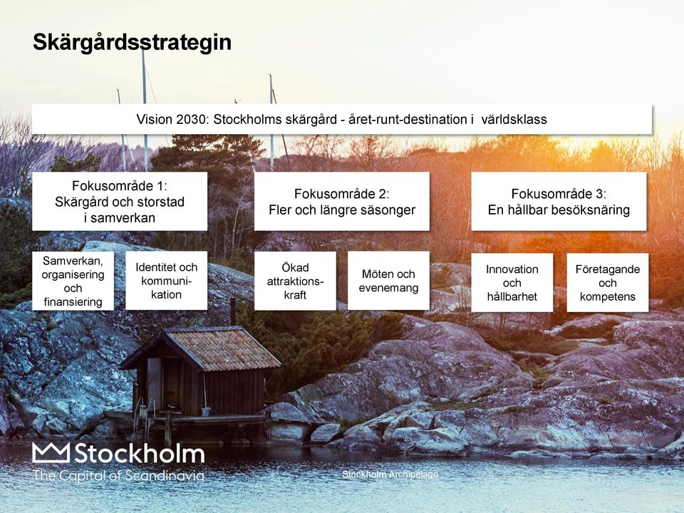 3: En hållbar besöksnäring Samverkan, organisering och finansiering Identitet och kommunikation Ökad