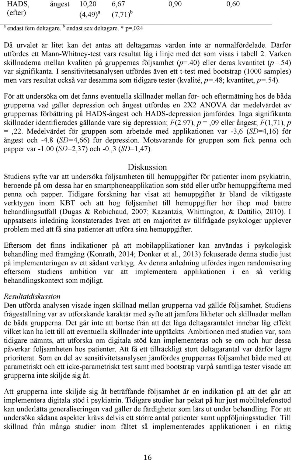 54) var signifikanta. I sensitivitetsanalysen utfördes även ett t-test med bootstrap (1000 samples) men vars resultat också var desamma som tidigare tester (kvalité, p=.48; kvantitet, p=.54). För att