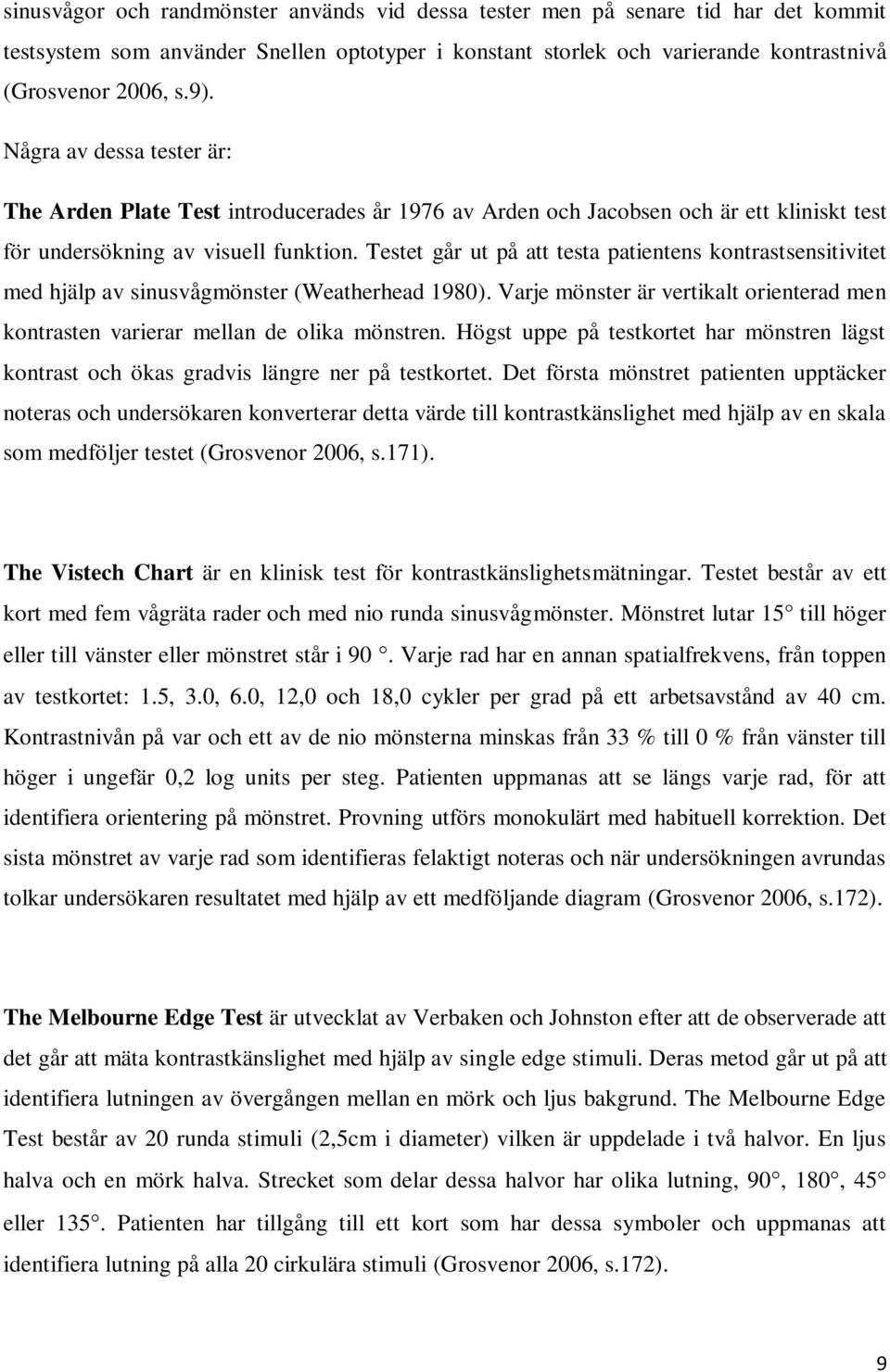 Testet går ut på att testa patientens kontrastsensitivitet med hjälp av sinusvågmönster (Weatherhead 1980). Varje mönster är vertikalt orienterad men kontrasten varierar mellan de olika mönstren.