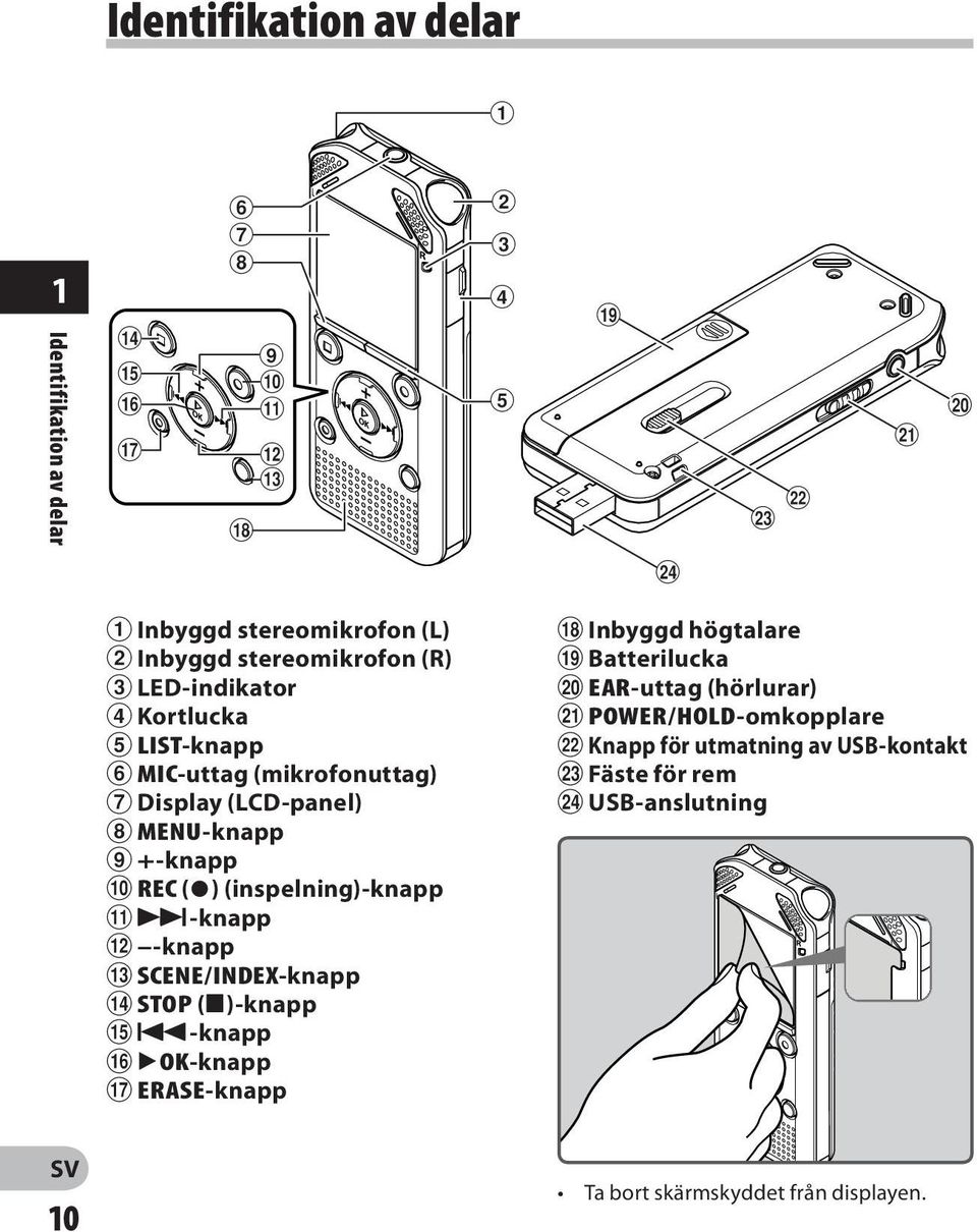 (mikrofonuttag) 7 Display (LCD-panel) 8 MENU-knapp 9 +-knapp 0 REC (s) (inspelning)-knapp!