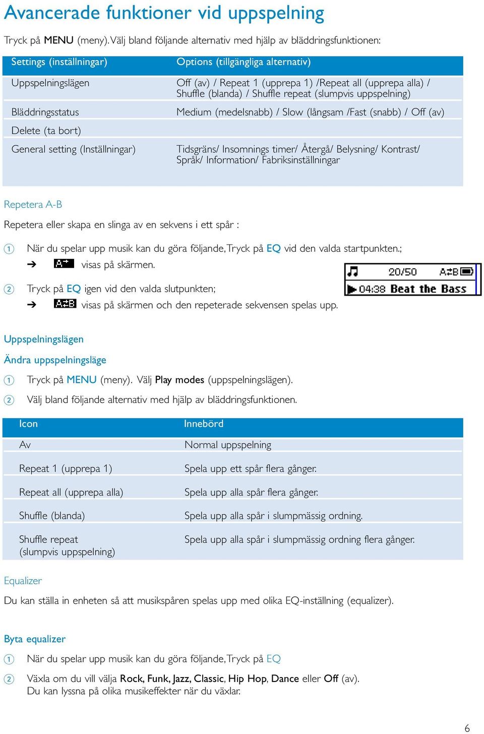 alla) / Shuffle (blanda) / Shuffle repeat (slumpvis uppspelning) Bläddringsstatus Medium (medelsnabb) / Slow (långsam /Fast (snabb) / Off (av) Delete (ta bort) General setting (Inställningar)