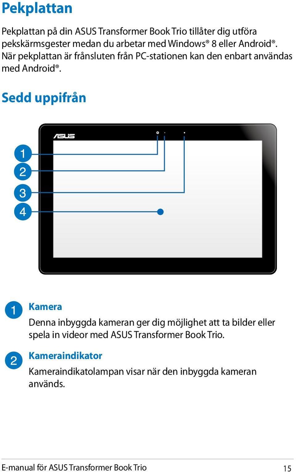 Sedd uppifrån Kamera Denna inbyggda kameran ger dig möjlighet att ta bilder eller spela in videor med ASUS