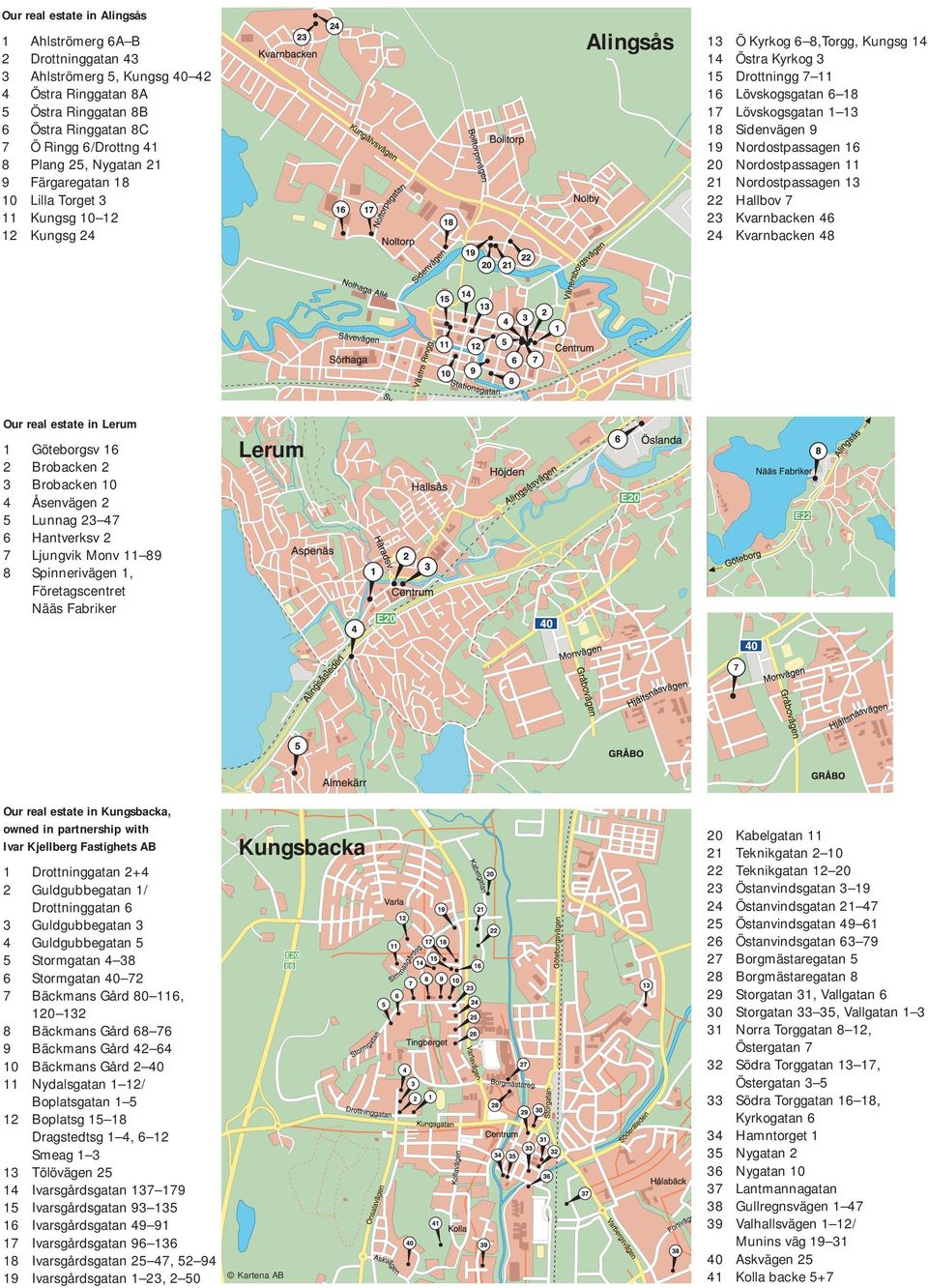 Lövskogsgatan 1 13 18 Sidenvägen 9 19 Nordostpassagen 16 20 Nordostpassagen 11 21 Nordostpassagen 13 22 Hallbov 7 23 Kvarnbacken 46 24 Kvarnbacken 48 Our real estate in Lerum 1 Göteborgsv 16 2