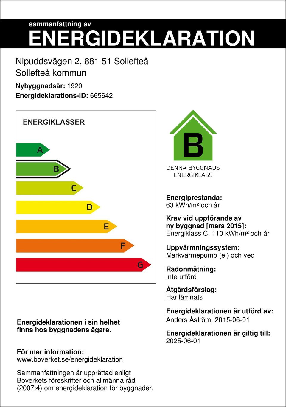 lämnats Energideklarationen i sin helhet finns hos byggnadens ägare. För mer information: www.boverket.
