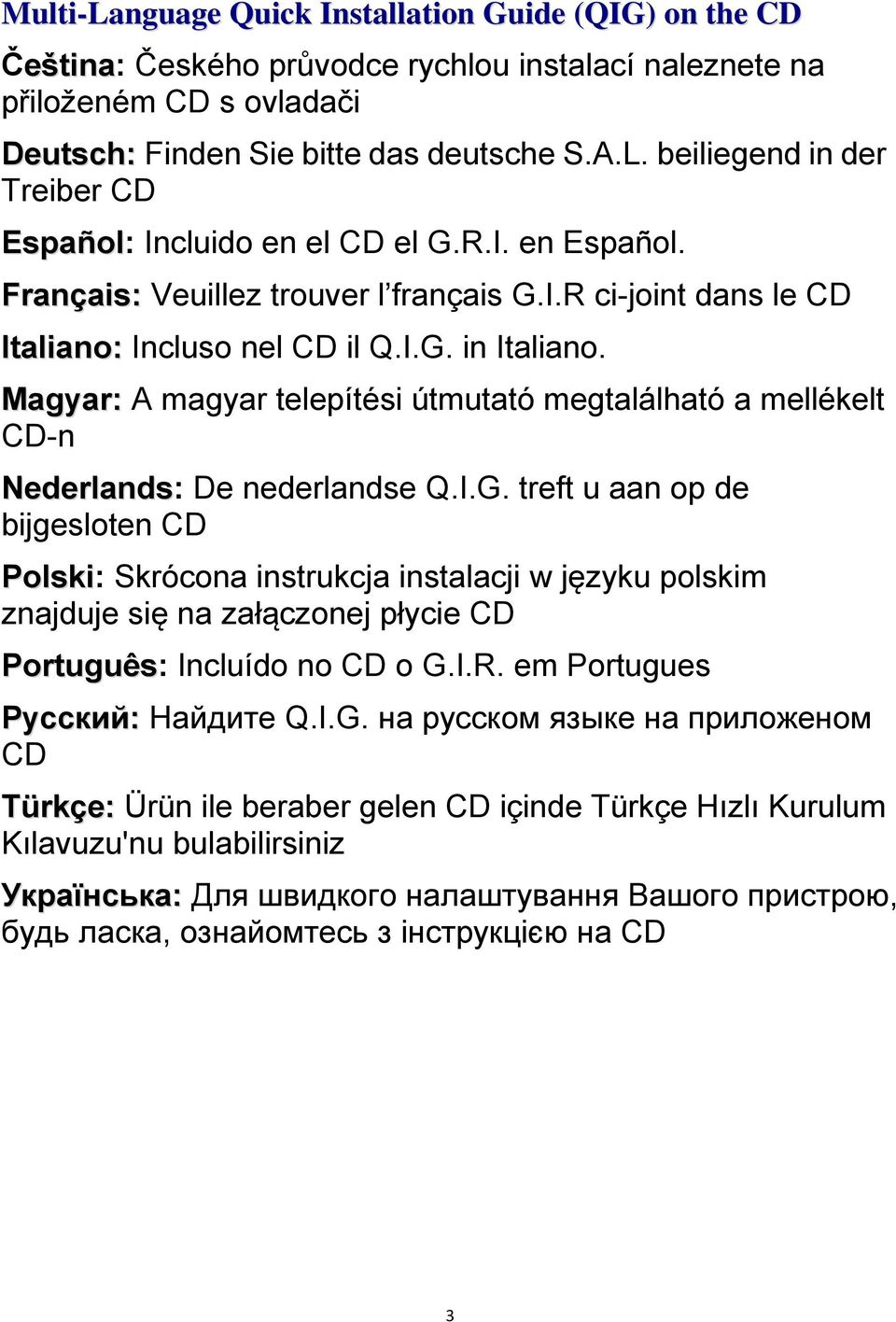 Magyar: A magyar telepítési útmutató megtalálható a mellékelt CD-n Nederlands: De nederlandse Q.I.G.