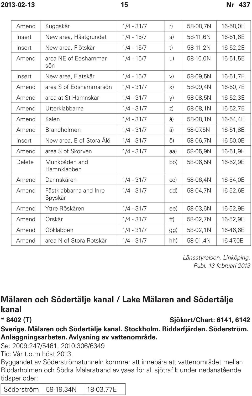 16-52,3E Amend Utterklabbarna 1/4-31/7 z) 58-08,1N 16-52,7E Amend Kalen 1/4-31/7 å) 58-08,1N 16-54,4E Amend Brandholmen 1/4-31/7 ä) 58-07,5N 16-51,8E Insert New area, E of Stora Ålö 1/4-31/7 ö)