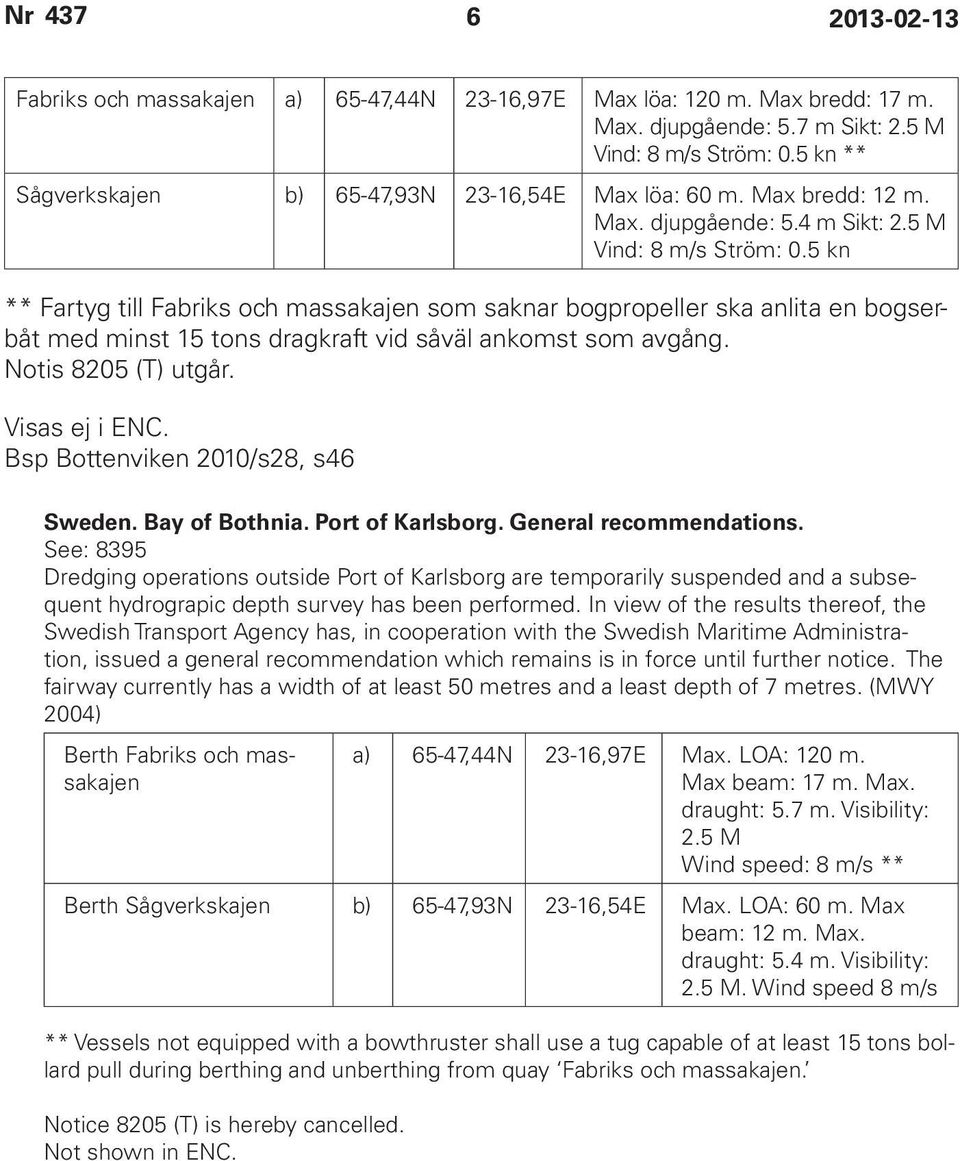 5 kn ** Fartyg till Fabriks och massakajen som saknar bogpropeller ska anlita en bogserbåt med minst 15 tons dragkraft vid såväl ankomst som avgång. Notis 8205 (T) utgår. Visas ej i ENC.