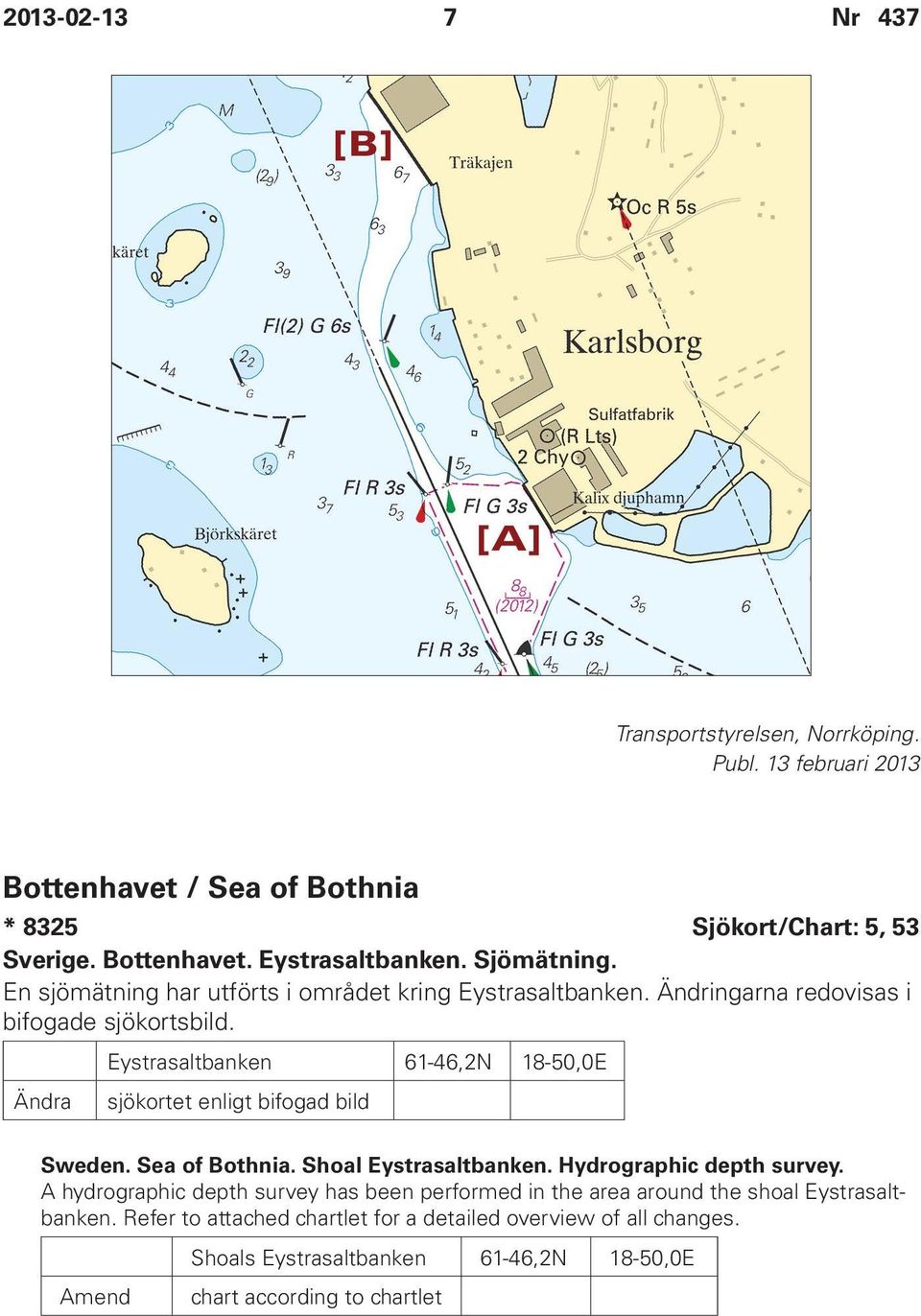 Ändra Eystrasaltbanken 61-46,2N 18-50,0E sjökortet enligt bifogad bild Sweden. Sea of Bothnia. Shoal Eystrasaltbanken. Hydrographic depth survey.