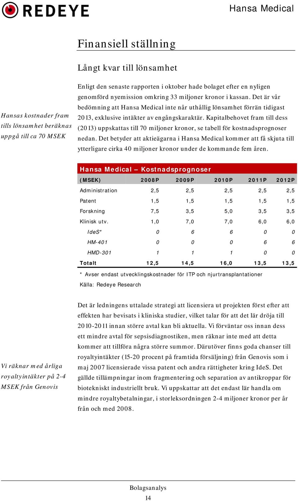 Kapitalbehovet fram till dess (2013) uppskattas till 70 miljoner kronor, se tabell för kostnadsprognoser nedan.