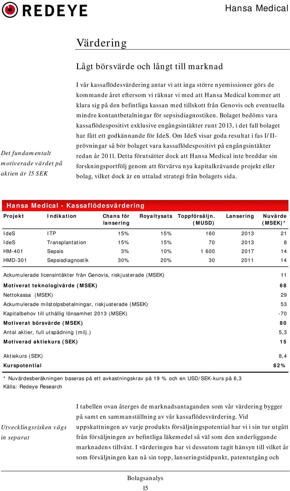 Bolaget bedöms vara kassaflödespositivt exklusive engångsintäkter runt 2013, i det fall bolaget har fått ett godkännande för IdeS.