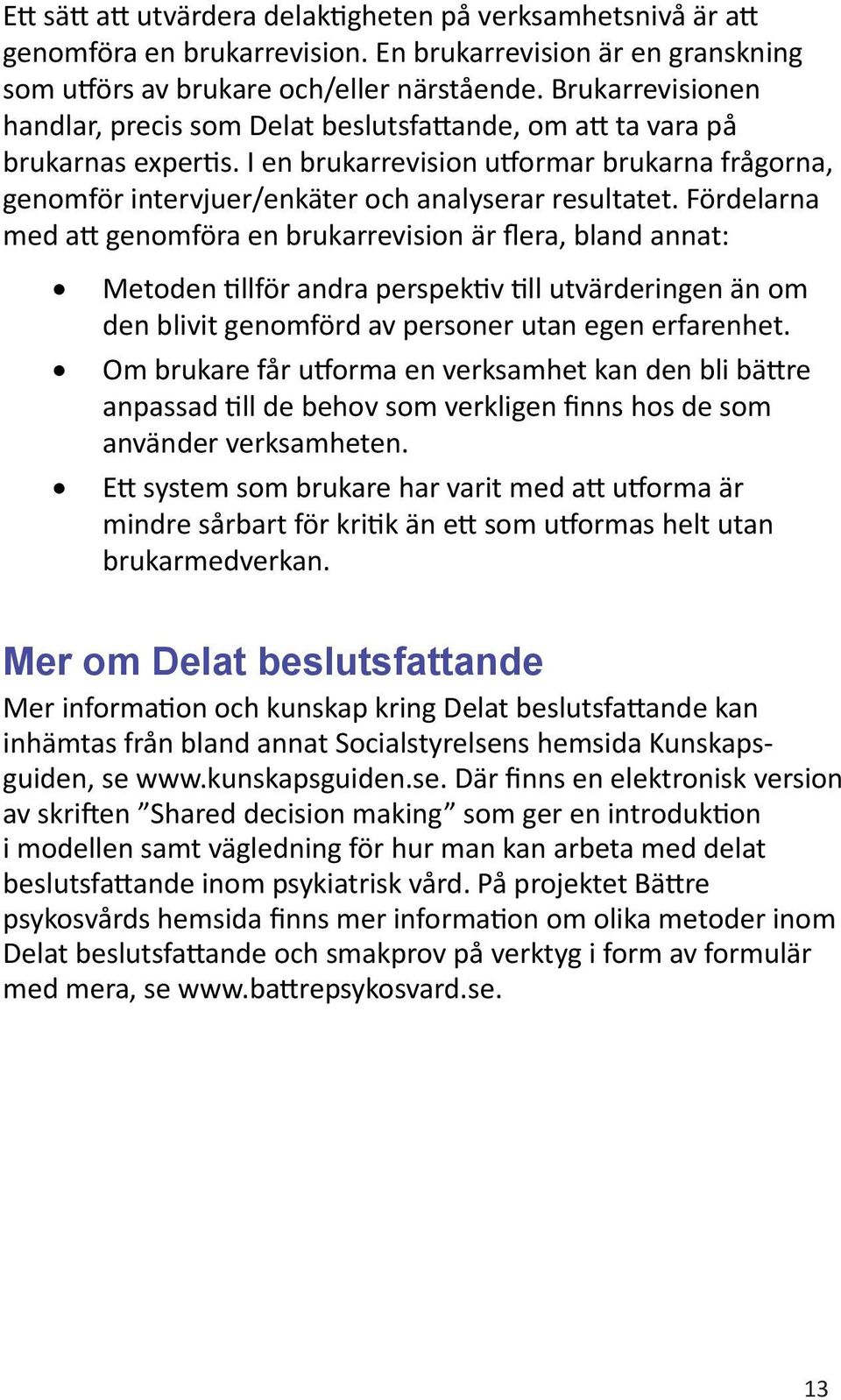 Fördelarna med att genomföra en brukarrevision är flera, bland annat: Metoden tillför andra perspektiv till utvärderingen än om den blivit genomförd av personer utan egen erfarenhet.