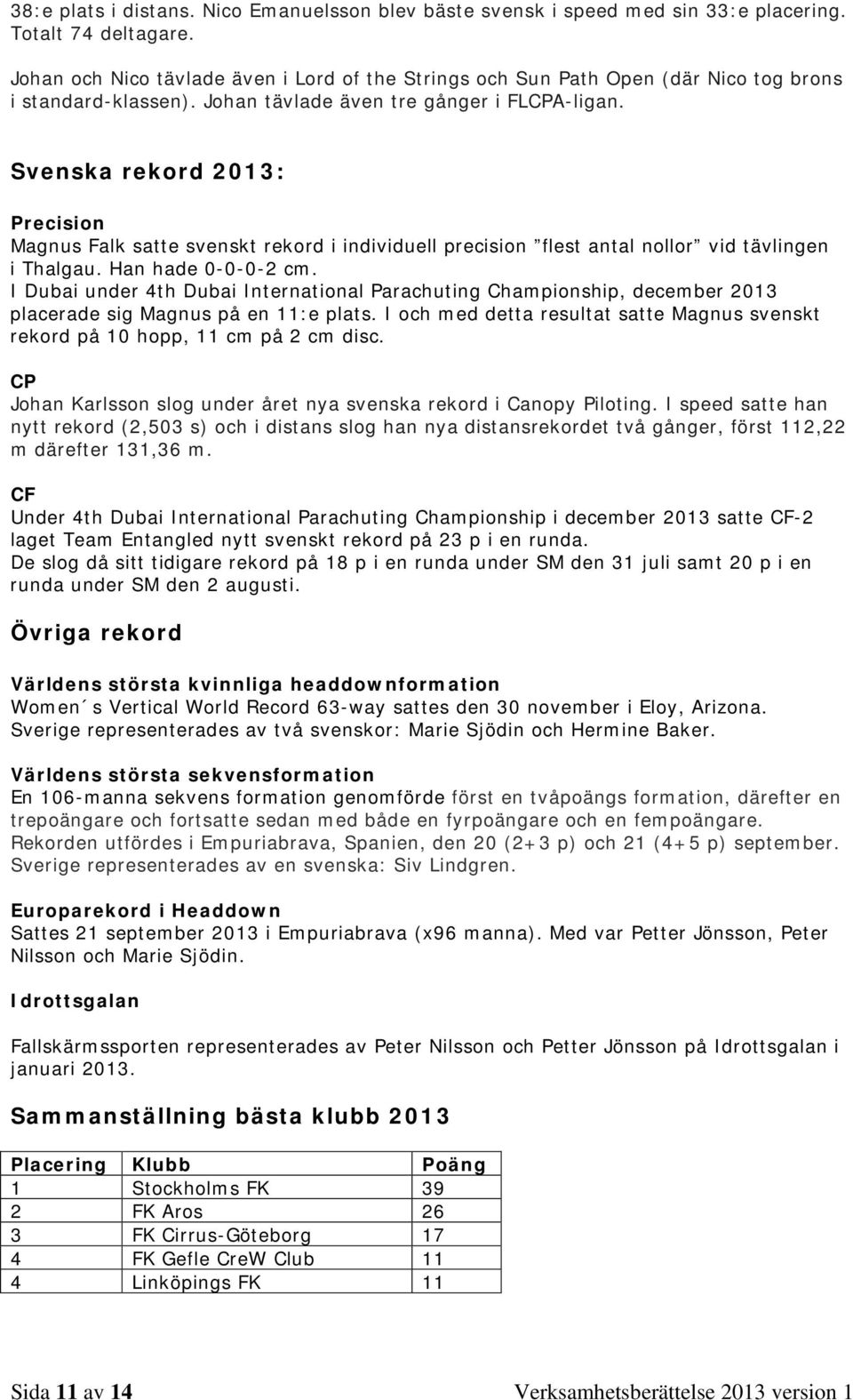 Svenska rekord 2013: Precision Magnus Falk satte svenskt rekord i individuell precision flest antal nollor vid tävlingen i Thalgau. Han hade 0-0-0-2 cm.