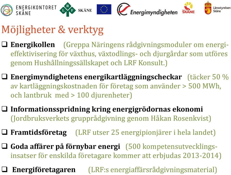 ) Energimyndighetens energikartläggningscheckar (täcker 50 % av kartläggningskostnaden för företag som använder > 500 MWh, och lantbruk med > 100 djurenheter)