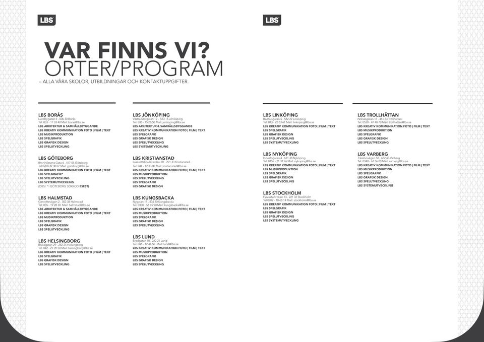 se LBS ARKITEKTUR & SAMHÄLLSBYGGANDE LBS SYSTEMUTVECKLING LBS LINKÖPING Badhusgatan 5. 582 22 Linköping Tel: 013-22 63 61 Mail: linkoping@lbs.se LBS SYSTEMUTVECKLING LBS TROLLHÄTTAN Nohabgatan 17.