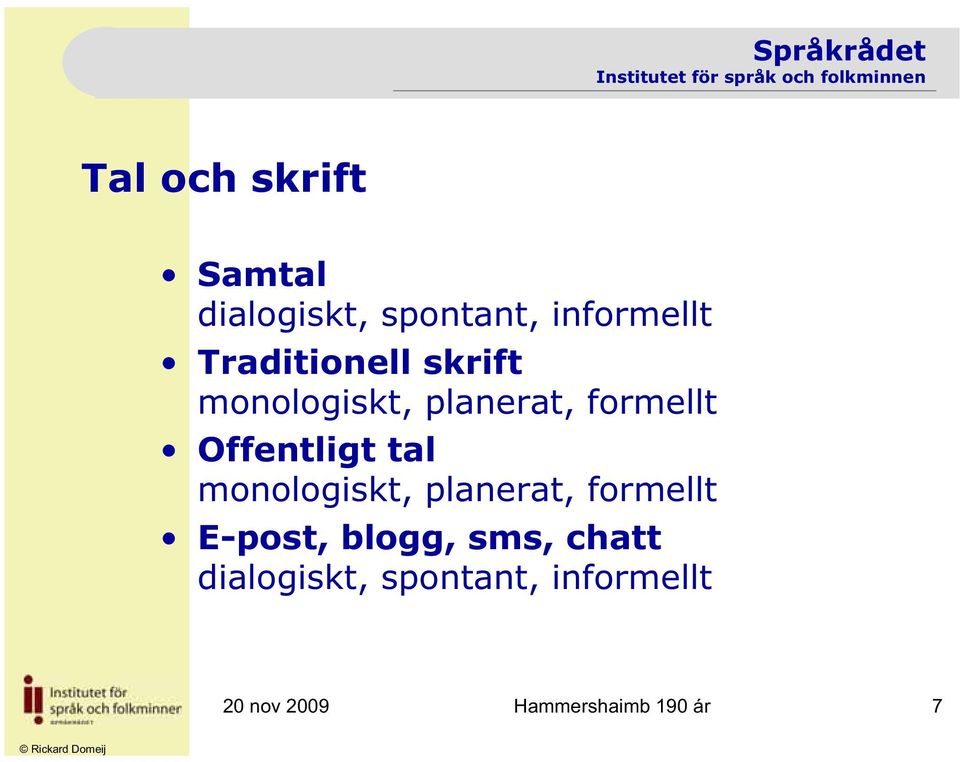 Offentligt tal monologiskt, planerat, formellt E-post, blogg,