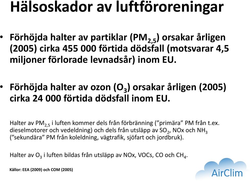 Halter av PM 2,5 i luften kommer dels från förbränning ( primära PM från t.ex.