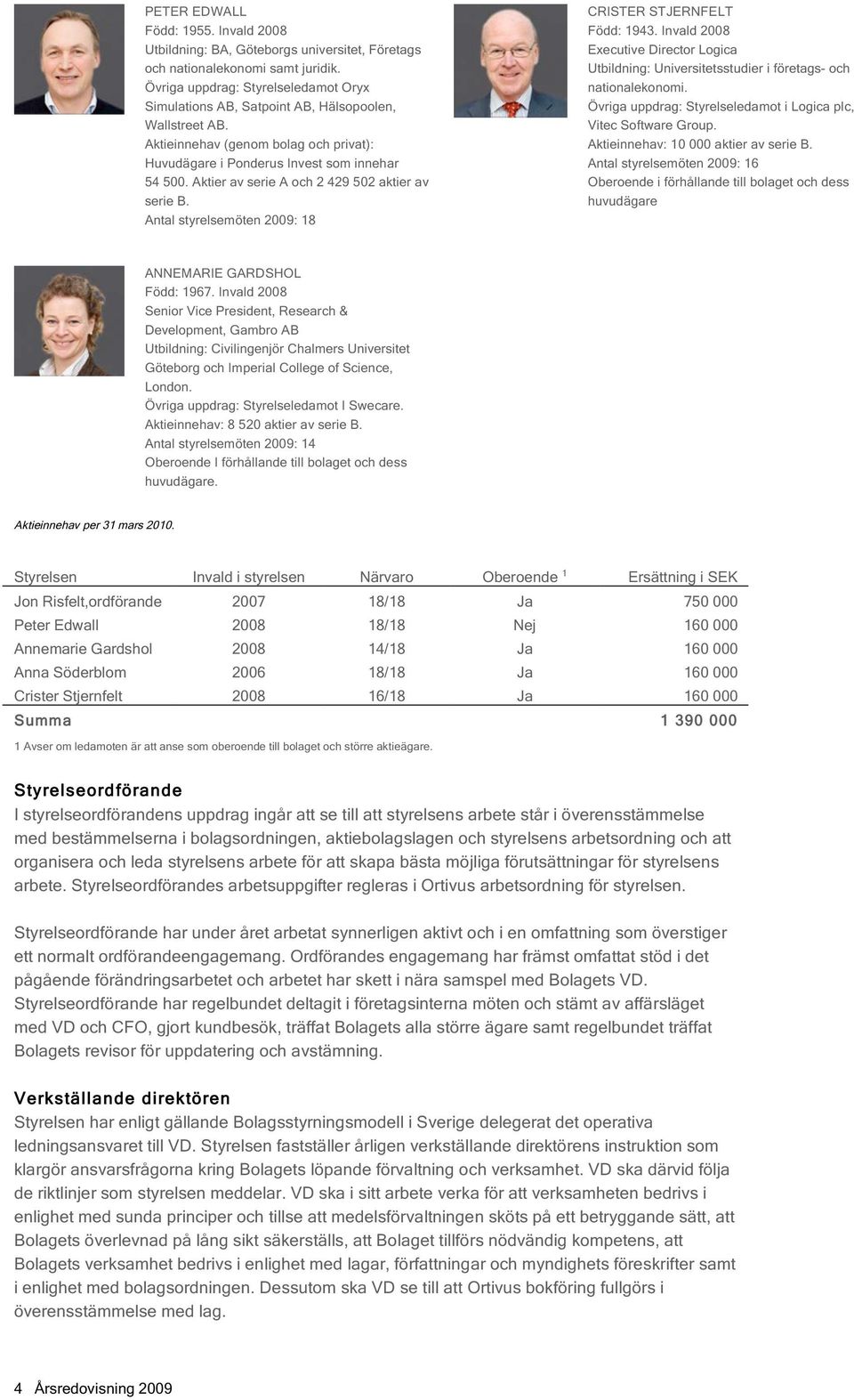 Aktier av serie A och 2 429 502 aktier av serie B. Antal styrelsemöten 2009: 18 CRISTER STJERNFELT Född: 1943.