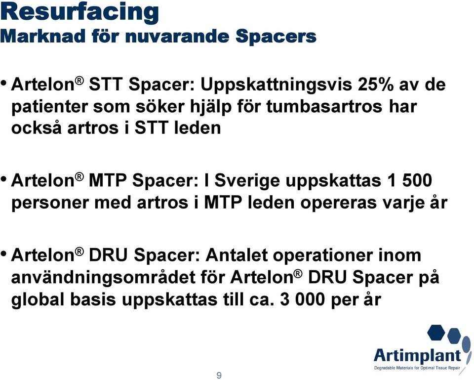 uppskattas 1 500 personer med artros i MTP leden opereras varje år Artelon DRU Spacer: Antalet