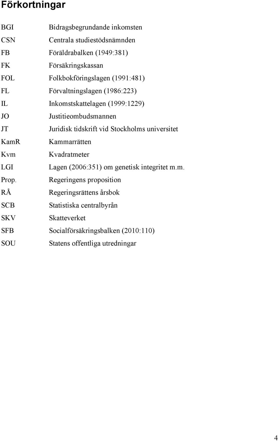 tidskrift vid Stockholms universitet KamR Kammarrätten Kvm Kvadratmeter LGI Lagen (2006:351) om genetisk integritet m.m. Prop.