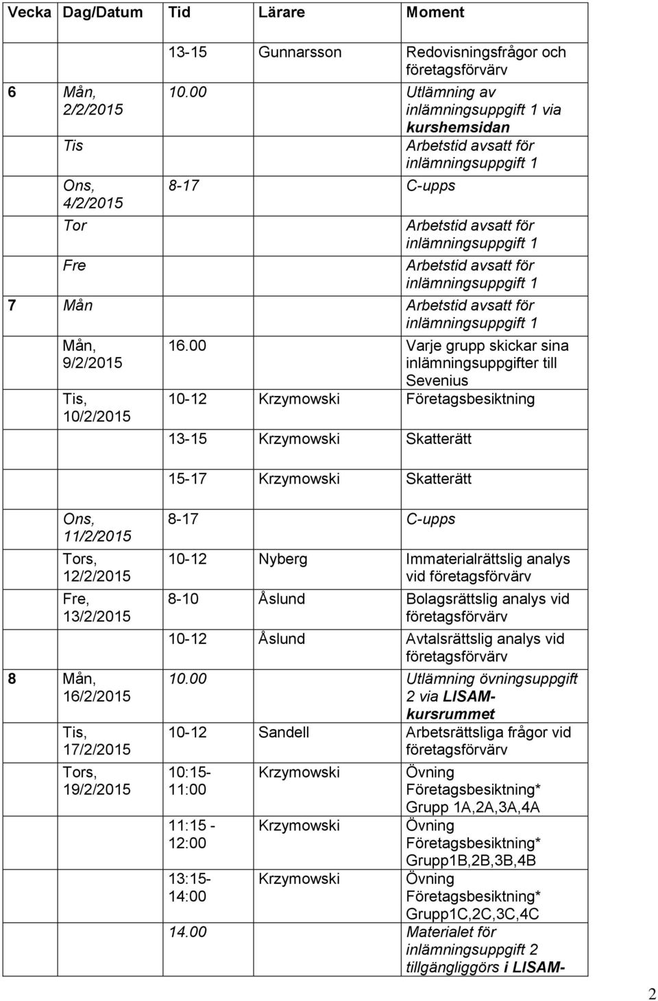 16/2/2015 17/2/2015 19/2/2015 10-12 Nyberg Immaterialrättslig analys vid 8-10 Åslund Bolagsrättslig analys vid 10-12 Åslund Avtalsrättslig analys vid 10.