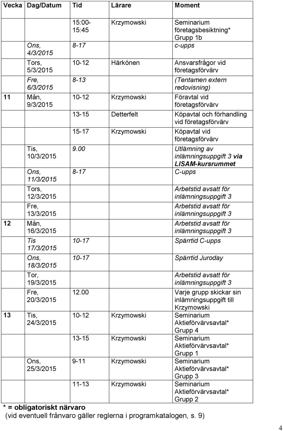 förhandling vid 15-17 Köpavtal vid 9.00 Utlämning av via LISAM-kursrummet 10-17 Spärrtid C-upps 10-17 Spärrtid Juroday 12.