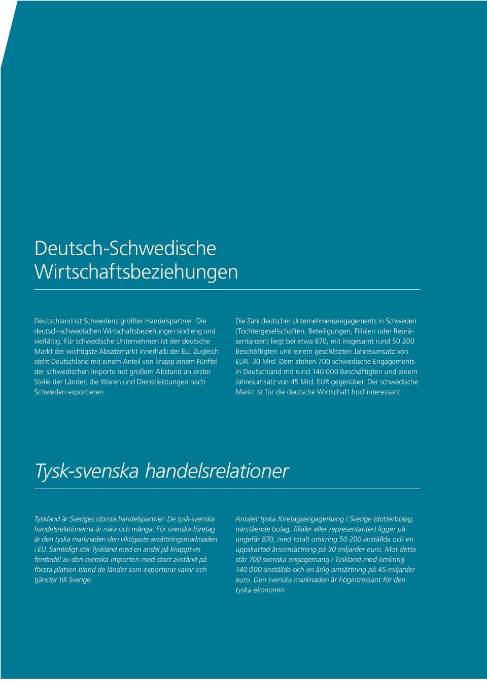 Zugleich steht Deutschland mit einem Anteil von knapp einem Fünftel der schwedischen Importe mit großem Abstand an erster Stelle der Länder, die Waren und Dienstleistungen nach Schweden exportieren.