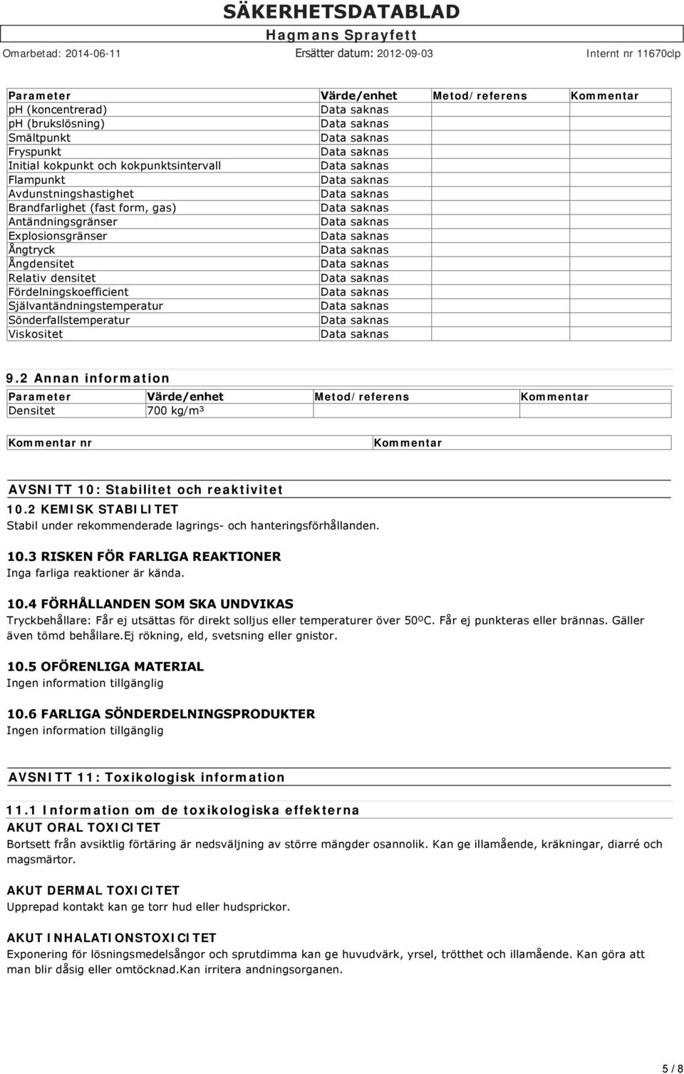 2 Annan information Parameter Värde/enhet Metod/referens Kommentar Densitet 700 kg/m³ Kommentar nr Kommentar AVSNITT 10: Stabilitet och reaktivitet 10.