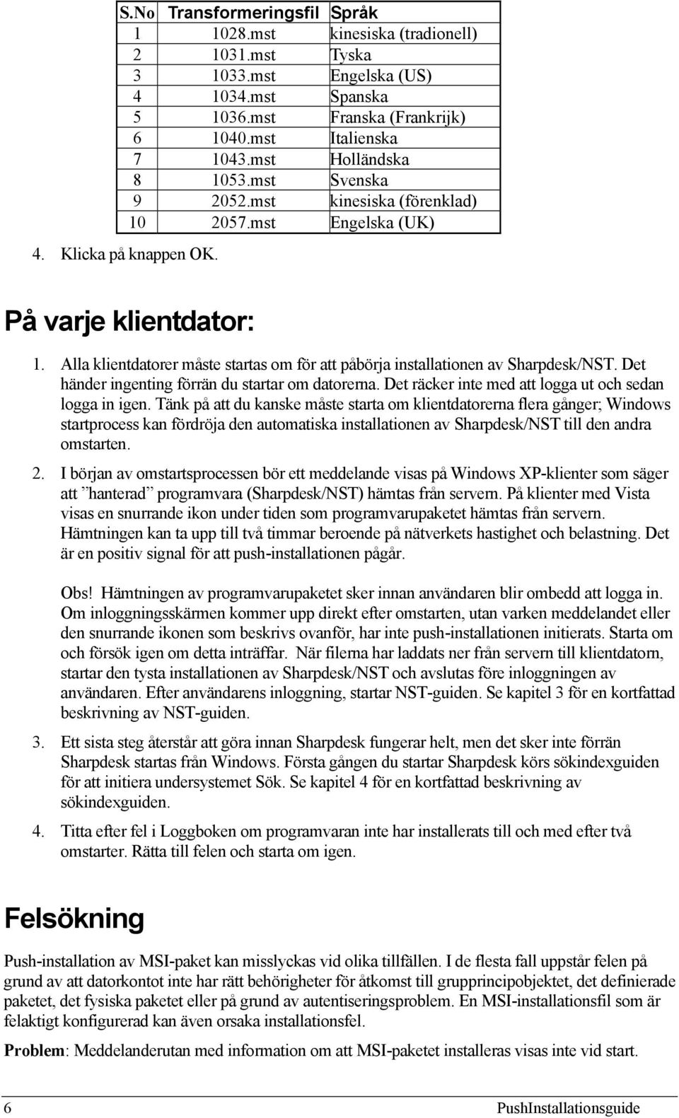 Alla klientdatorer måste startas om för att påbörja installationen av Sharpdesk/NST. Det händer ingenting förrän du startar om datorerna. Det räcker inte med att logga ut och sedan logga in igen.