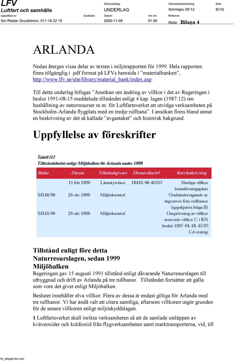 Till detta underlag bifogas Ansökan om ändring av villkor i det av Regeringen i beslut 1991-08-15 meddelade tillståndet enligt 4 kap. lagen (1987:12) om hushållning av naturresurser m.m. för Luftfartsverket att utvidga verksamheten på Stockholm-Arlanda flygplats med en tredje rullbana.