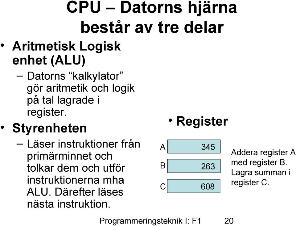 Styrenheten Läser instruktioner från primärminnet och tolkar dem och utför instruktionerna mha