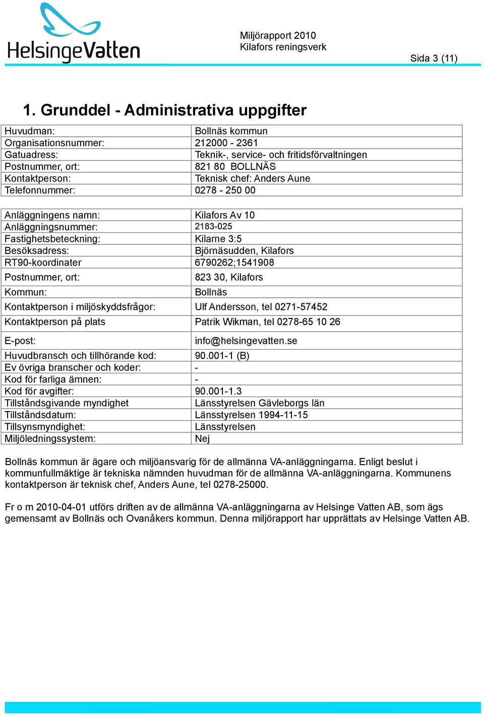 Teknisk chef: Anders Aune Telefonnummer: 0278-250 00 Anläggningens namn: Kilafors Av 10 Anläggningsnummer: 2183-025 Fastighetsbeteckning: Kilarne 3:5 Besöksadress: Björnäsudden, Kilafors