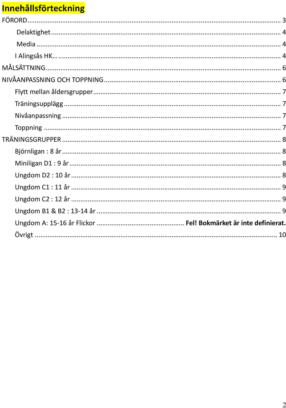 .. 7 Toppning... 7 TRÄNINGSGRUPPER... 8 Björnligan : 8 år... 8 Miniligan D1 : 9 år... 8 Ungdom D2 : 10 år.