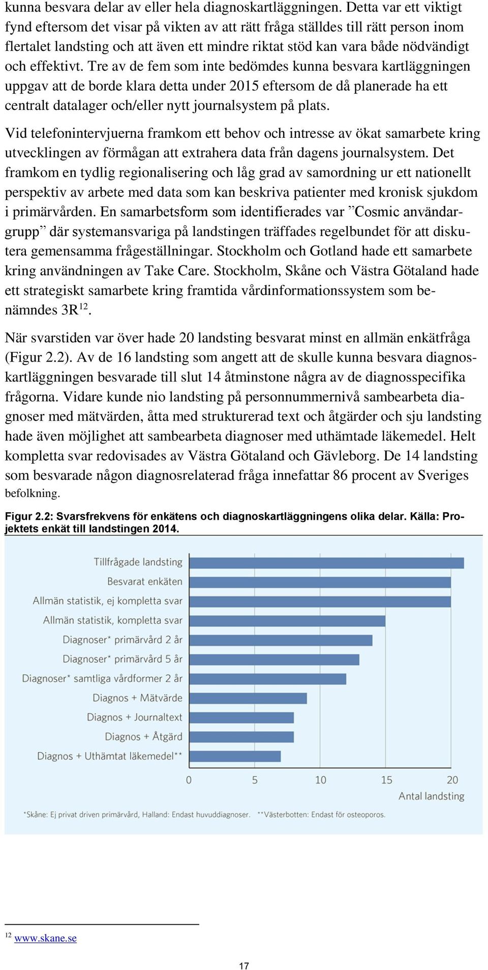 Tre av de fem som inte bedömdes kunna besvara kartläggningen uppgav att de borde klara detta under 2015 eftersom de då planerade ha ett centralt datalager och/eller nytt journalsystem på plats.