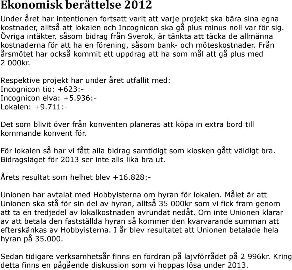 Från årsmötet har också kommit ett uppdrag att ha som mål att gå plus med 2 000kr. Respektive projekt har under året utfallit med: Incognicon tio: +623:- Incognicon elva: +5.936:- Lokalen: +9.