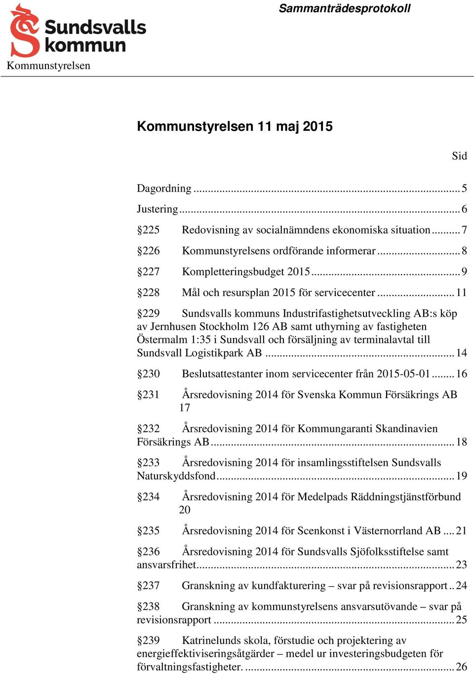 .. 11 229 Sundsvalls kommuns Industrifastighetsutveckling AB:s köp av Jernhusen Stockholm 126 AB samt uthyrning av fastigheten Östermalm 1:35 i Sundsvall och försäljning av terminalavtal till