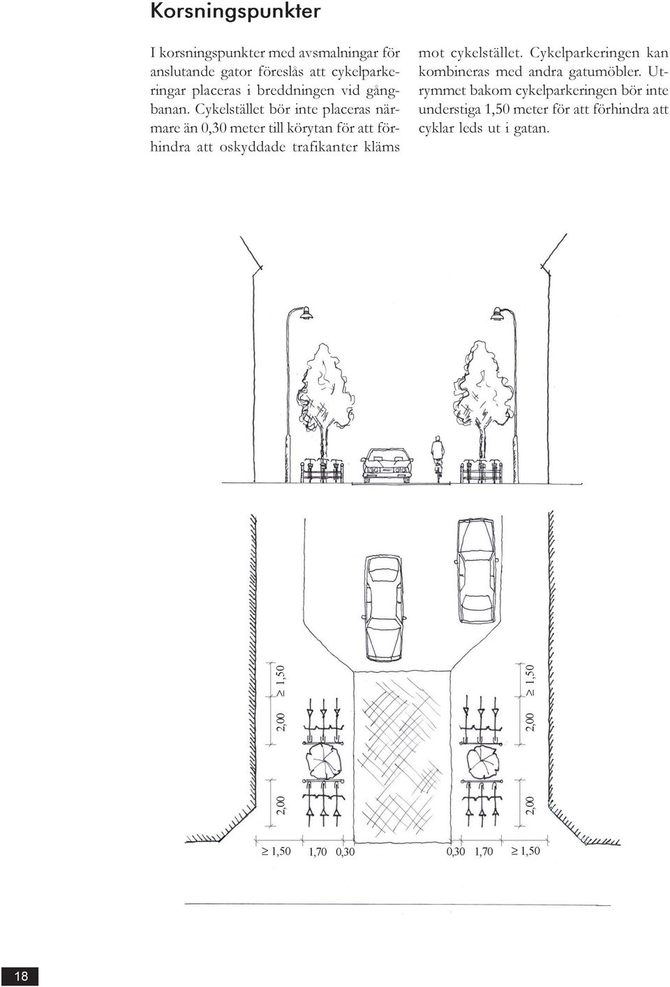 Cykelstället bör inte placeras närmare än 0,30 meter till körytan för att förhindra att oskyddade trafikanter kläms mot