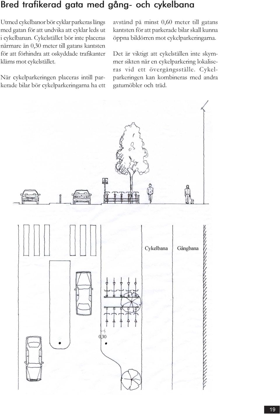 När cykelparkeringen placeras intill parkerade bilar bör cykelparkeringarna ha ett avstånd på minst 0,60 meter till gatans kantsten för att parkerade bilar skall kunna öppna