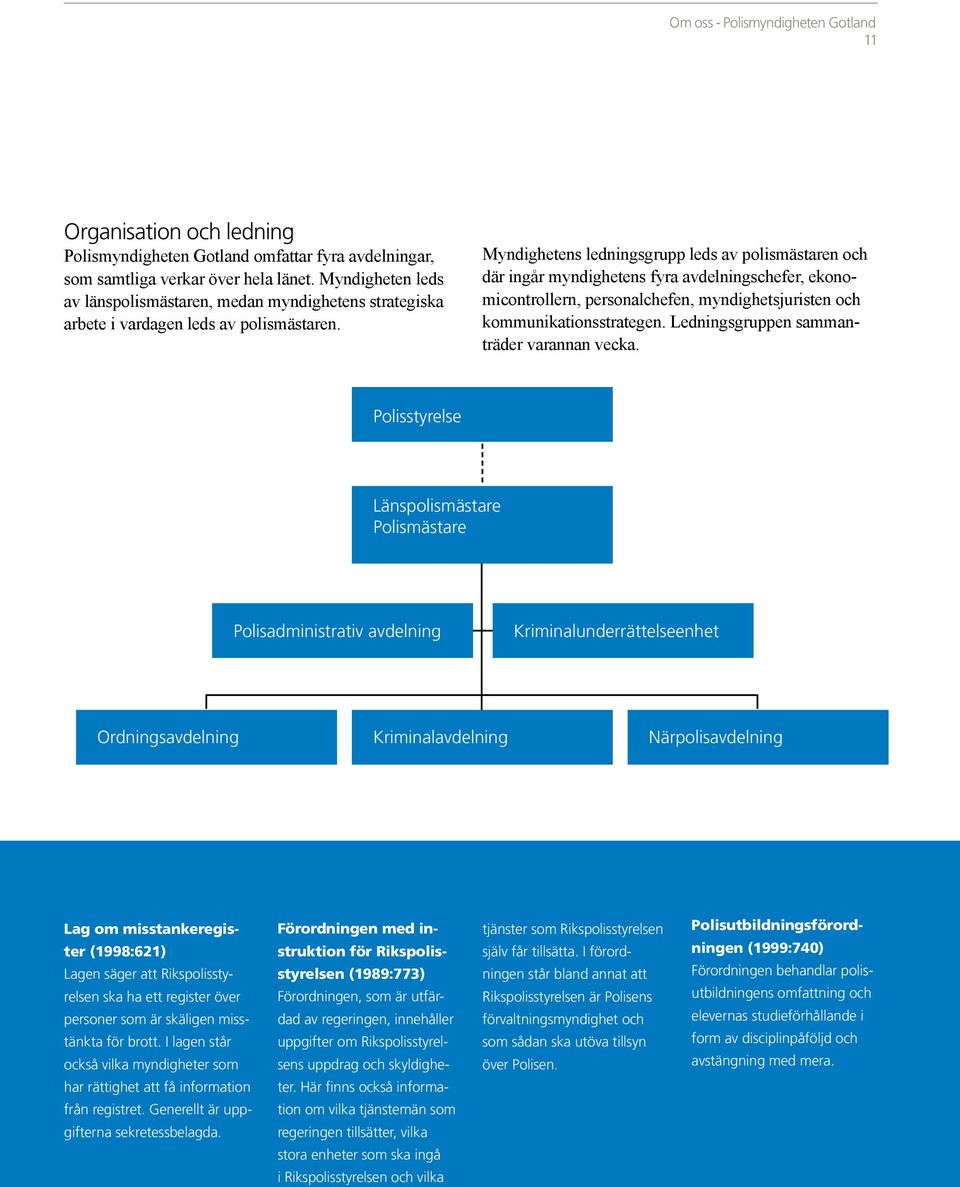 Myndighetens ledningsgrupp leds av polismästaren och där ingår myndighetens fyra avdelningschefer, ekonomicontrollern, personalchefen, myndighetsjuristen och kommunikationsstrategen.