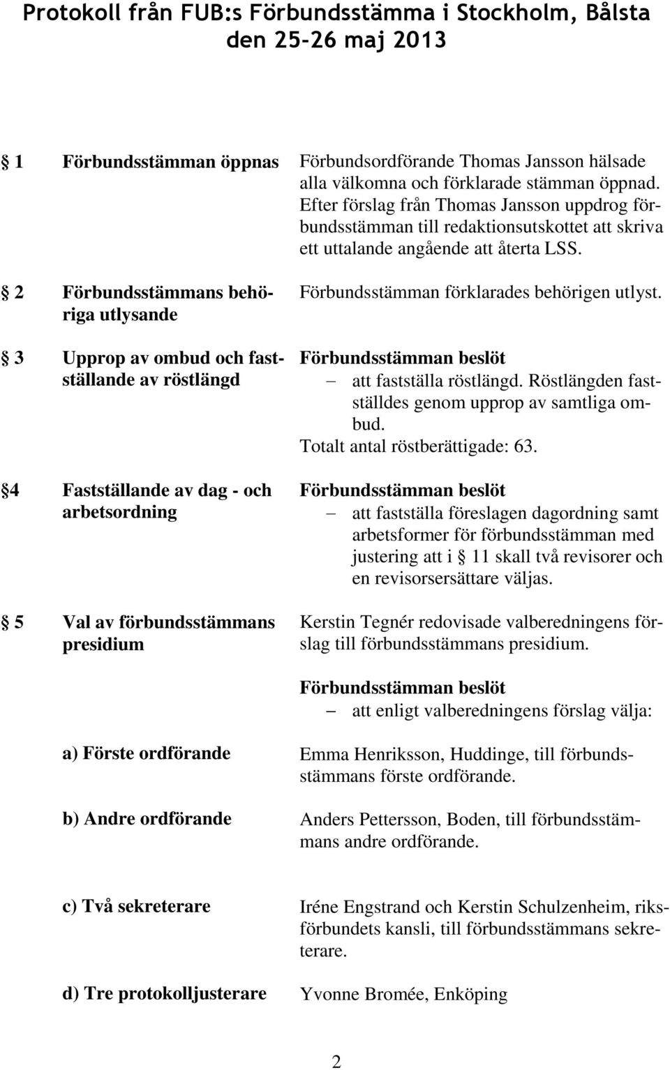 2 Förbundsstämmans behöriga utlysande 3 Upprop av ombud och fastställande av röstlängd 4 Fastställande av dag - och arbetsordning 5 Val av förbundsstämmans presidium Förbundsstämman förklarades