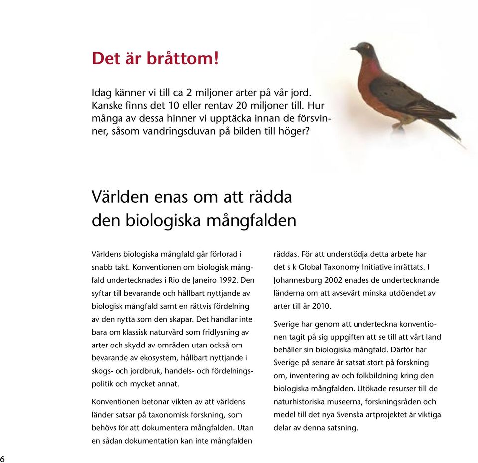 Världen enas om att rädda den biologiska mångfalden Världens biologiska mångfald går förlorad i snabb takt. Konventionen om biologisk mångfald undertecknades i Rio de Janeiro 1992.