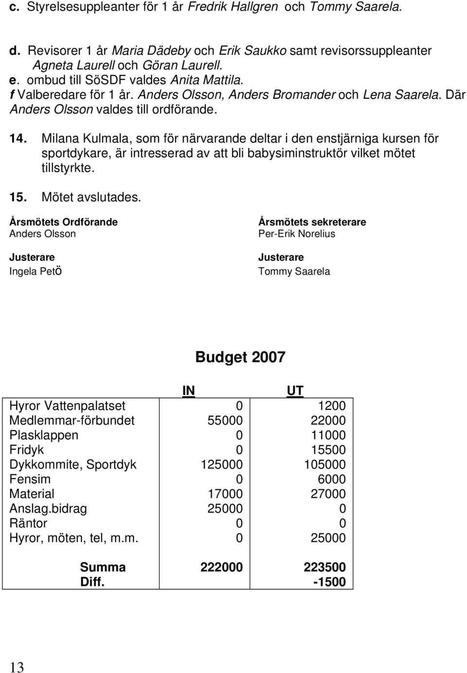 Milana Kulmala, som för närvarande deltar i den enstjärniga kursen för sportdykare, är intresserad av att bli babysiminstruktör vilket mötet tillstyrkte. 15. Mötet avslutades.