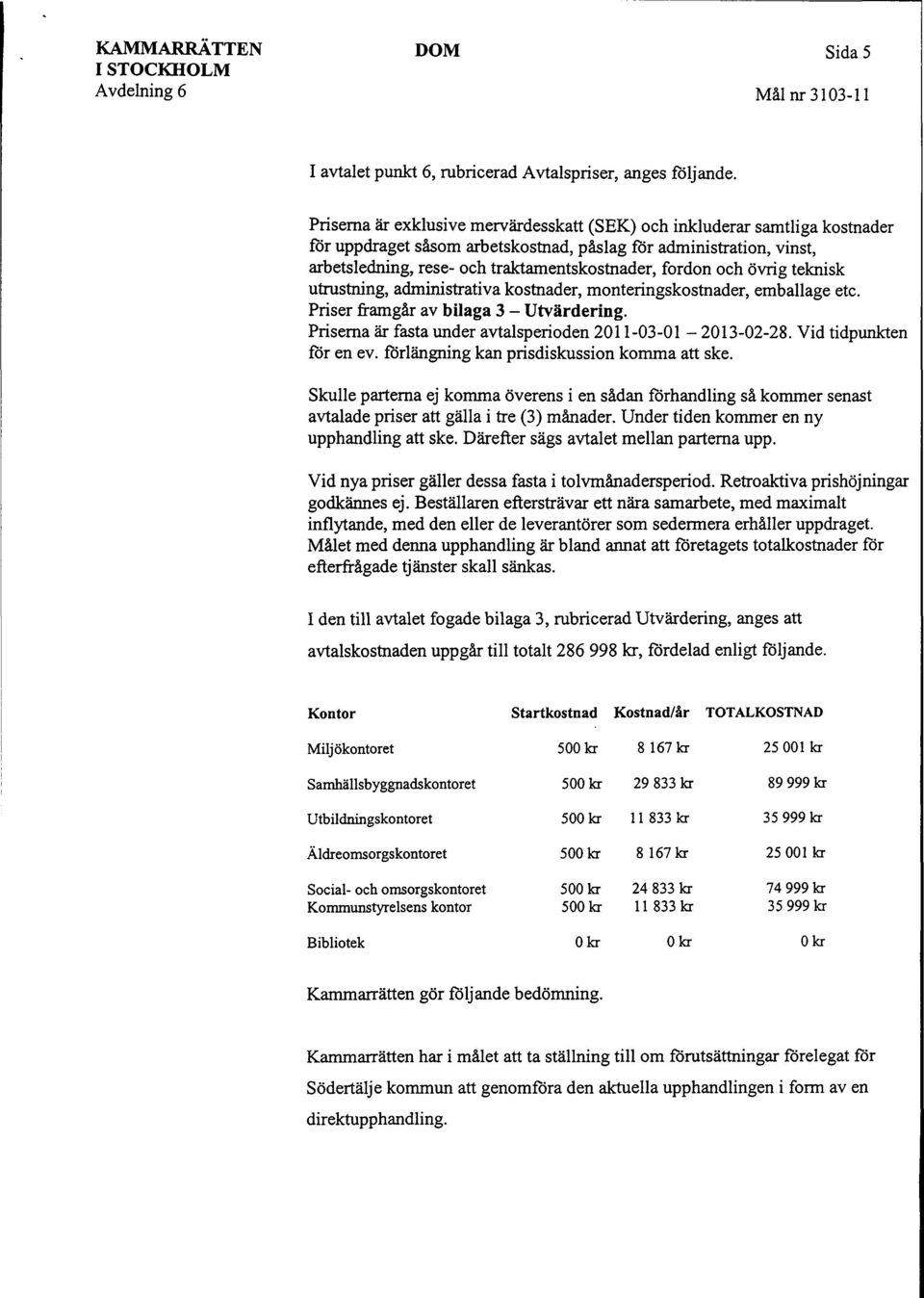 och övrig teknisk utrustning, administrativa kostnader, monteringskostnader, emballage etc. Priser framgår av bilaga 3 - Utvärdering. Priserna är fasta under avtalsperioden 2011-03-01-2013-02-28.