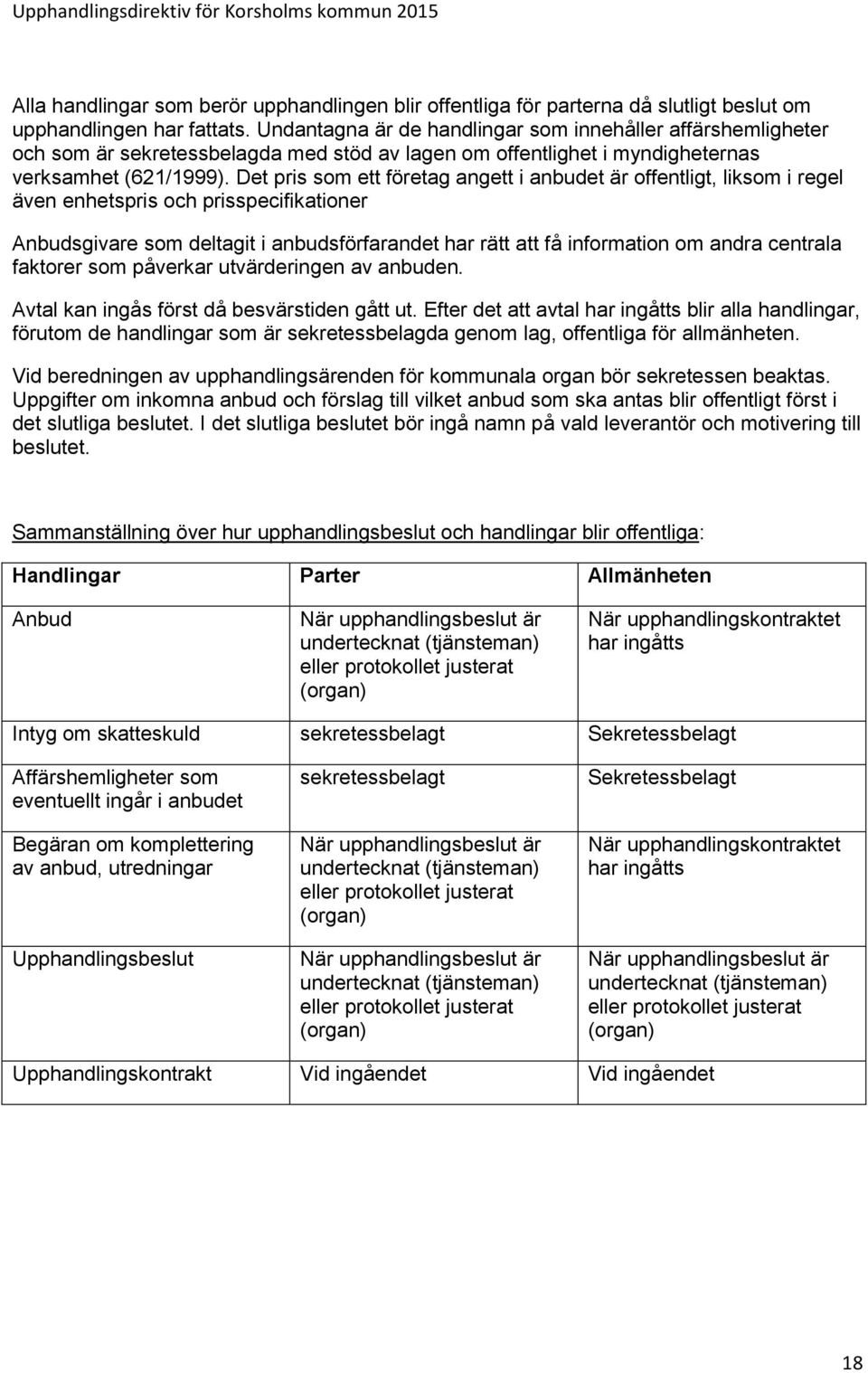 Det pris som ett företag angett i anbudet är offentligt, liksom i regel även enhetspris och prisspecifikationer Anbudsgivare som deltagit i anbudsförfarandet har rätt att få information om andra