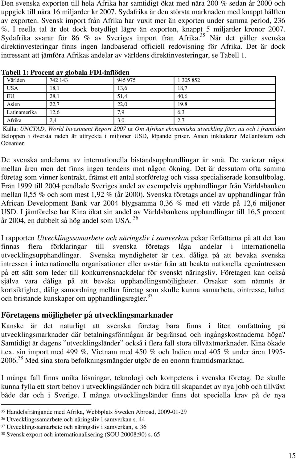 Sydafrika svarar för 86 % av Sveriges import från Afrika. 35 När det gäller svenska direktinvesteringar finns ingen landbaserad officiell redovisning för Afrika.