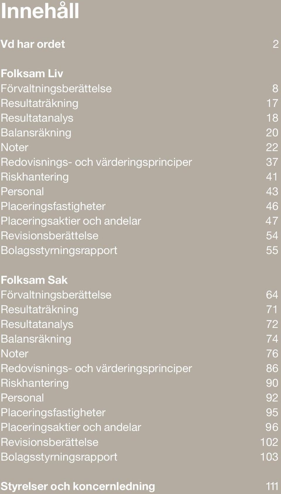 Bolagsstyrningsrapport 55 Folksam Sak Förvaltningsberättelse 64 Resultaträkning 71 Resultatanalys 72 Balansräkning 74 Noter 76 Redovisnings- och