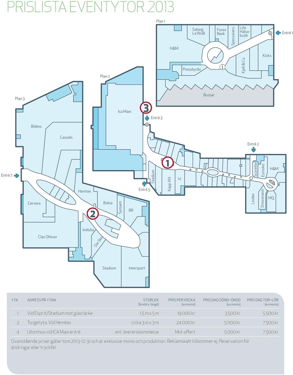 PER VECKA (ex moms) PRIS DAG SÖND ONSD (ex moms) PRIS DAG TOR LÖR (ex moms) 1 Vid Esprit/Stadium mot glasräcke 1,5 m x 5 m 19 000 kr 3 500 kr 5 500 kr 2 Torgetyta.