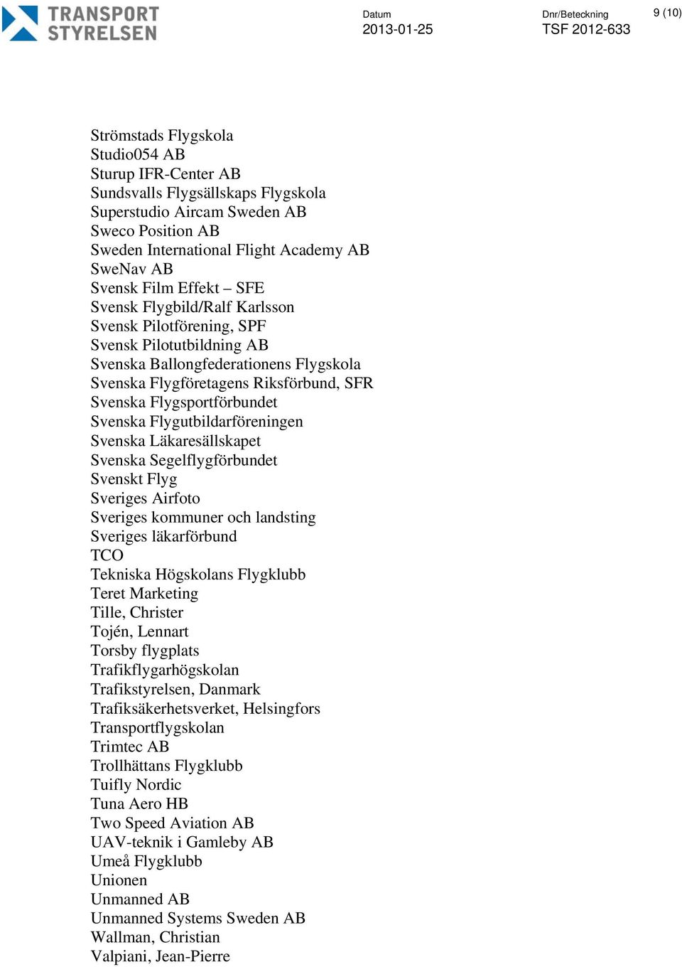 Svenska Flygutbildarföreningen Svenska Läkaresällskapet Svenska Segelflygförbundet Svenskt Flyg Sveriges Airfoto Sveriges kommuner och landsting Sveriges läkarförbund TCO Tekniska Högskolans