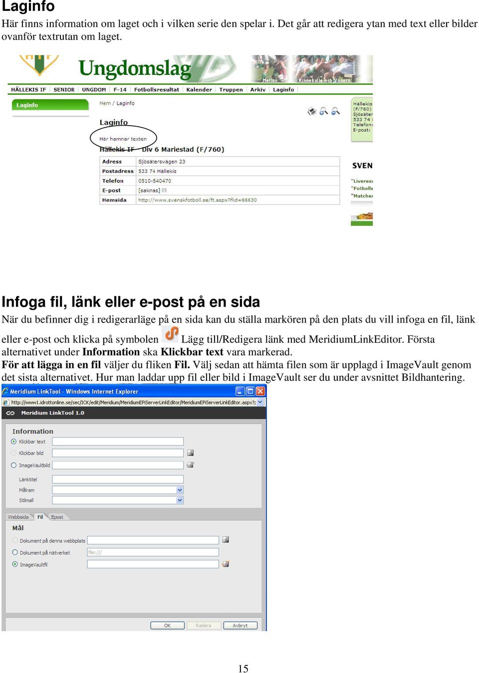 klicka på symbolen Lägg till/redigera länk med MeridiumLinkEditor. Första alternativet under Information ska Klickbar text vara markerad.